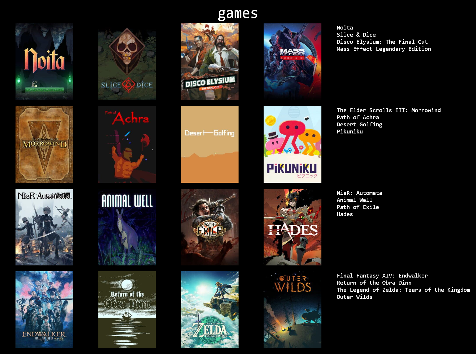 a grid of all my favourite games